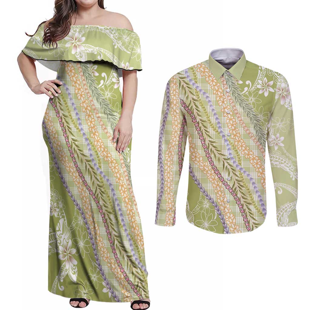 Green Palaka Hawaii Leis Couples Matching Off Shoulder Maxi Dress and Long Sleeve Button Shirt Hawaiian-plaid Elegant Tropical Vibes - Polynesian Pride