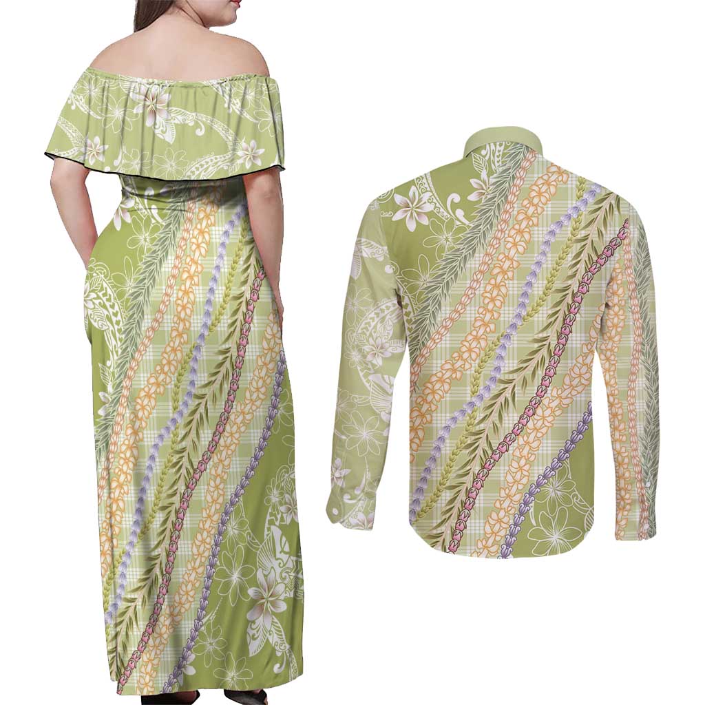Green Palaka Hawaii Leis Couples Matching Off Shoulder Maxi Dress and Long Sleeve Button Shirt Hawaiian-plaid Elegant Tropical Vibes - Polynesian Pride