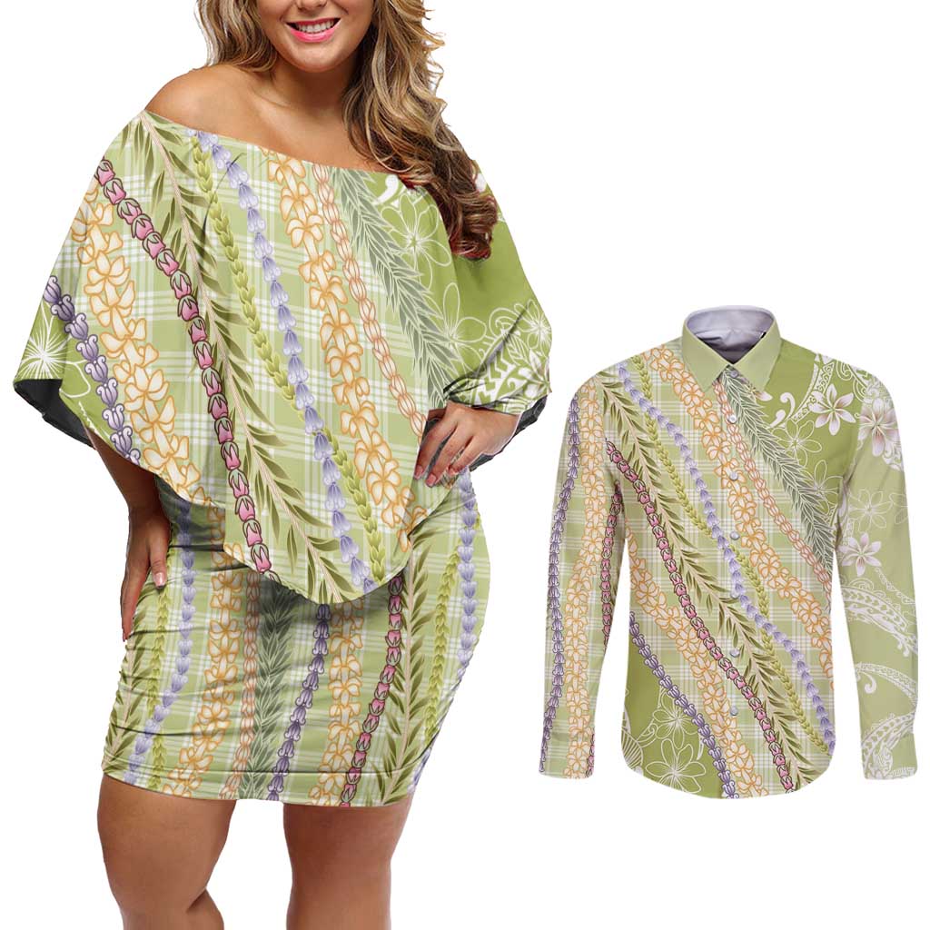 Green Palaka Hawaii Leis Couples Matching Off Shoulder Short Dress and Long Sleeve Button Shirt Hawaiian-plaid Elegant Tropical Vibes - Polynesian Pride