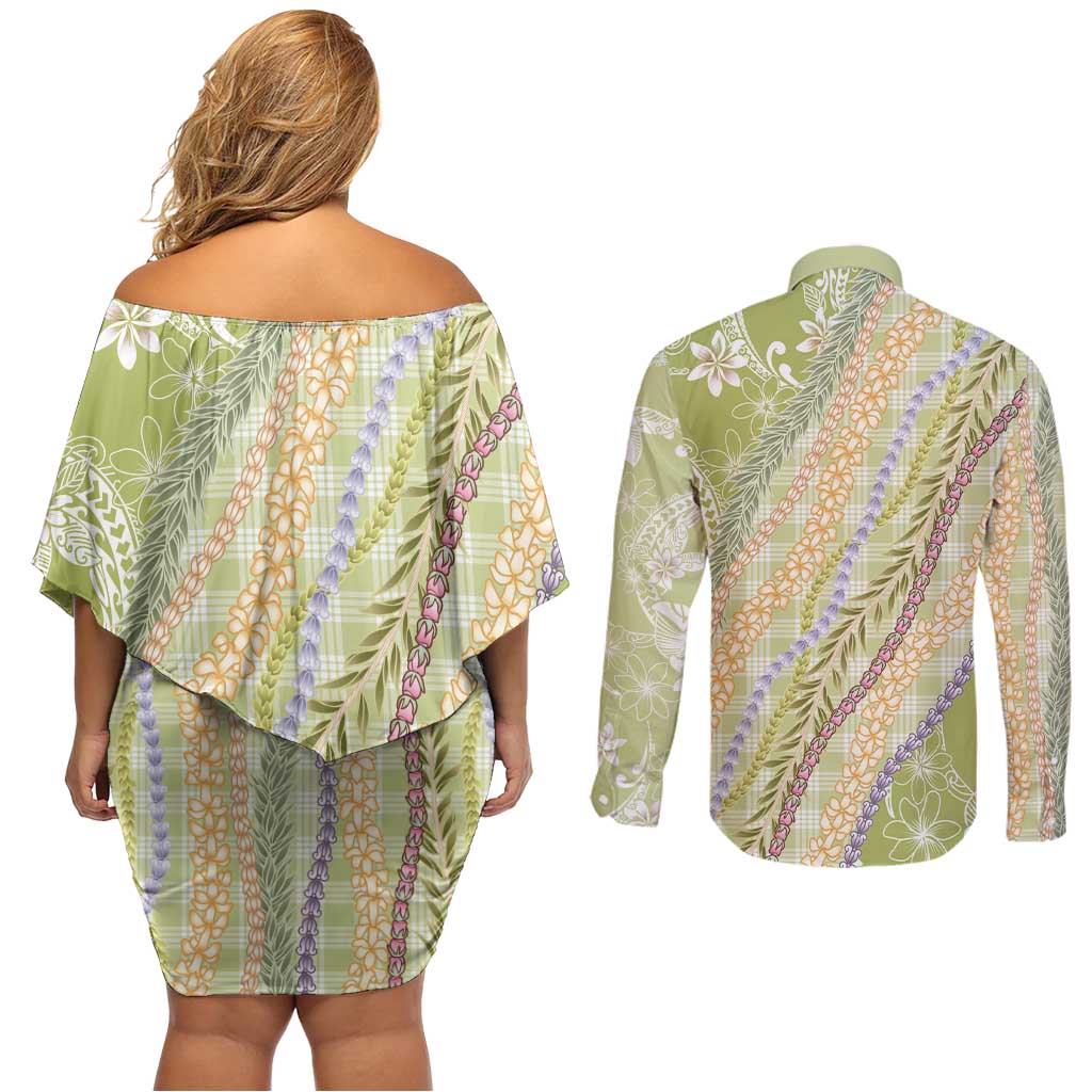 Green Palaka Hawaii Leis Couples Matching Off Shoulder Short Dress and Long Sleeve Button Shirt Hawaiian-plaid Elegant Tropical Vibes - Polynesian Pride
