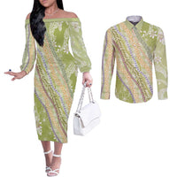 Green Palaka Hawaii Leis Couples Matching Off The Shoulder Long Sleeve Dress and Long Sleeve Button Shirt Hawaiian-plaid Elegant Tropical Vibes - Polynesian Pride