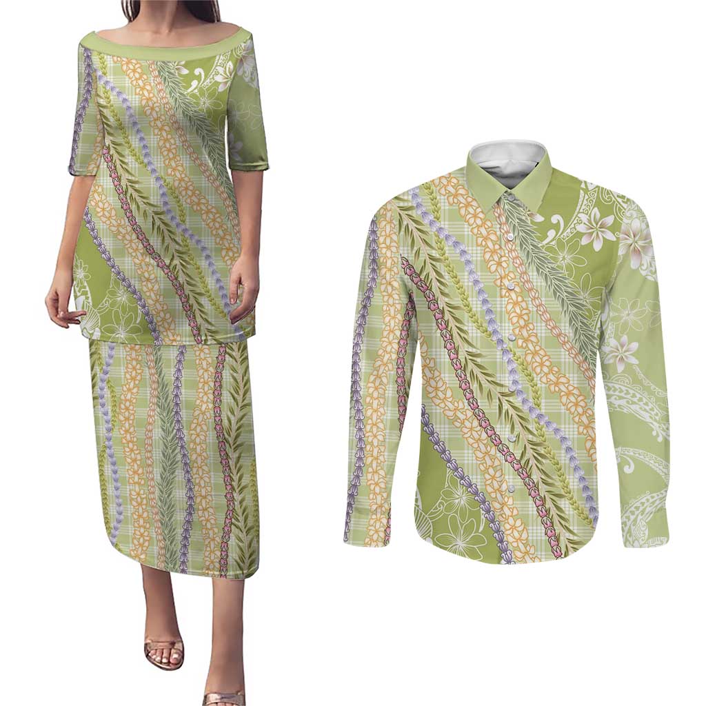 Green Palaka Hawaii Leis Couples Matching Puletasi and Long Sleeve Button Shirt Hawaiian-plaid Elegant Tropical Vibes LT14 Green - Polynesian Pride