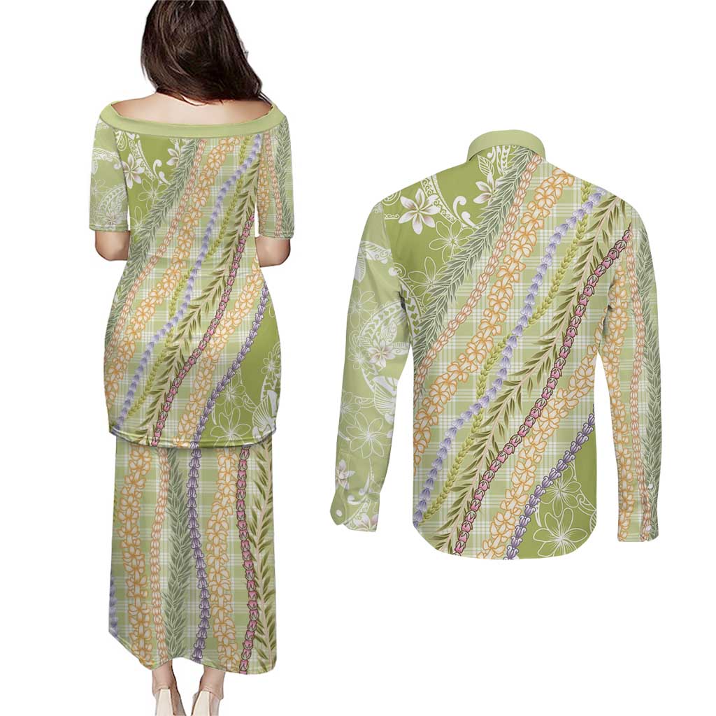 Green Palaka Hawaii Leis Couples Matching Puletasi and Long Sleeve Button Shirt Hawaiian-plaid Elegant Tropical Vibes LT14 - Polynesian Pride