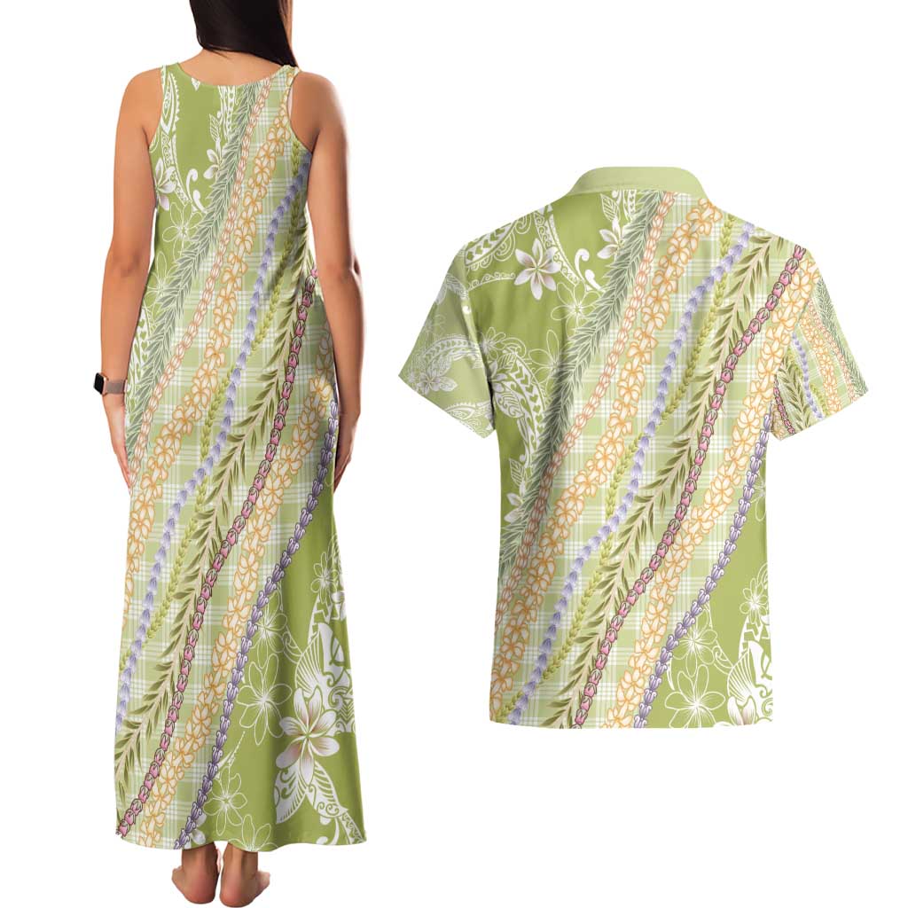 Green Palaka Hawaii Leis Couples Matching Tank Maxi Dress and Hawaiian Shirt Hawaiian-plaid Elegant Tropical Vibes - Polynesian Pride