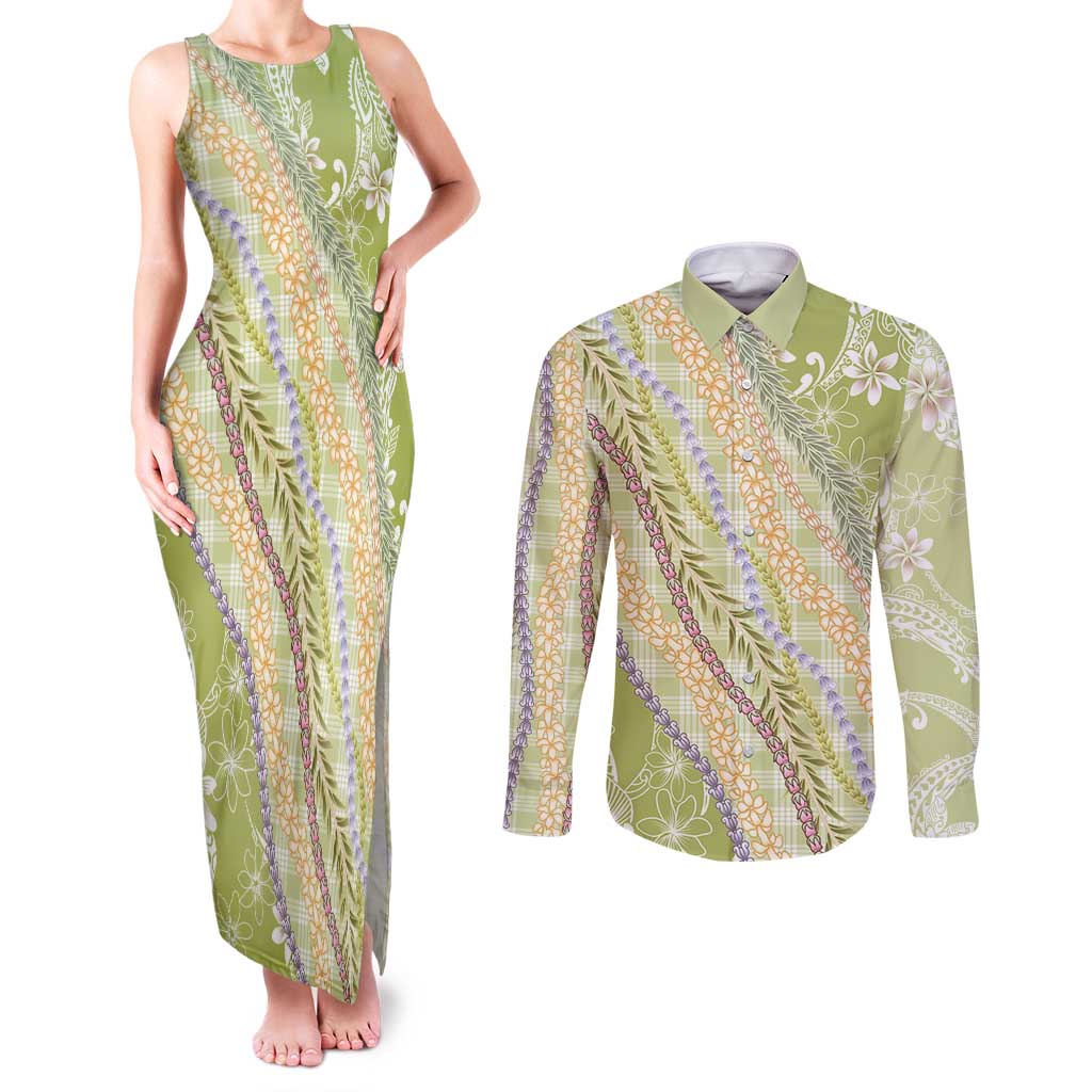 Green Palaka Hawaii Leis Couples Matching Tank Maxi Dress and Long Sleeve Button Shirt Hawaiian-plaid Elegant Tropical Vibes - Polynesian Pride
