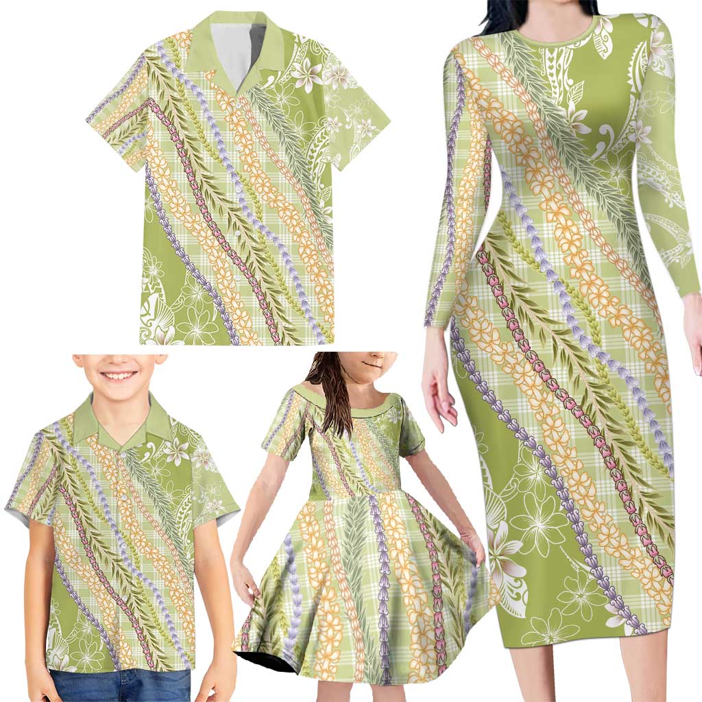 Green Palaka Hawaii Leis Family Matching Long Sleeve Bodycon Dress and Hawaiian Shirt Hawaiian-plaid Elegant Tropical Vibes - Polynesian Pride