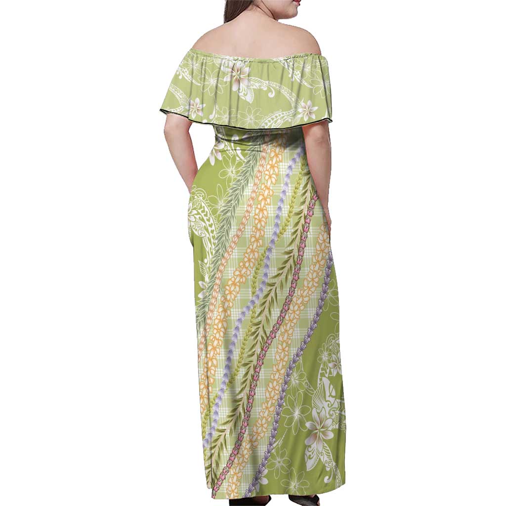 Green Palaka Hawaii Leis Family Matching Off Shoulder Maxi Dress and Hawaiian Shirt Hawaiian-plaid Elegant Tropical Vibes - Polynesian Pride