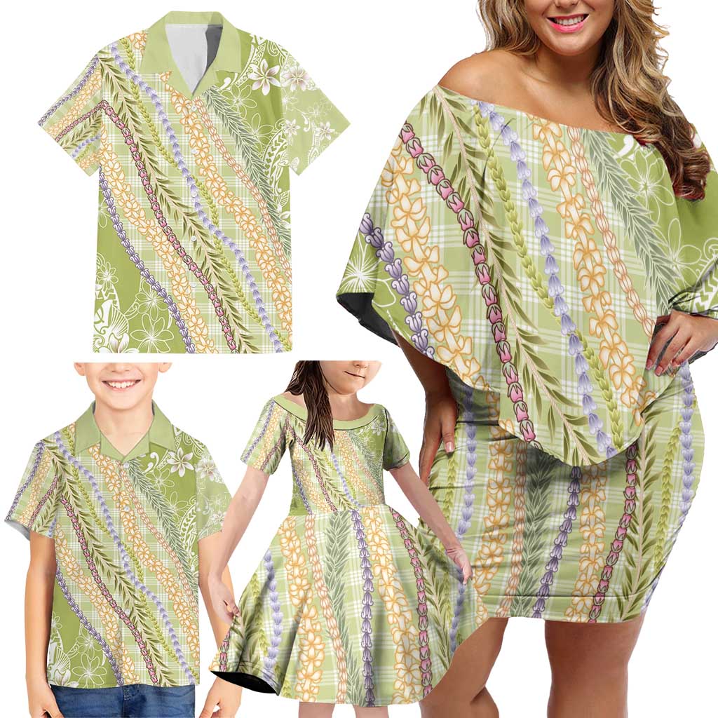 Green Palaka Hawaii Leis Family Matching Off Shoulder Short Dress and Hawaiian Shirt Hawaiian-plaid Elegant Tropical Vibes - Polynesian Pride