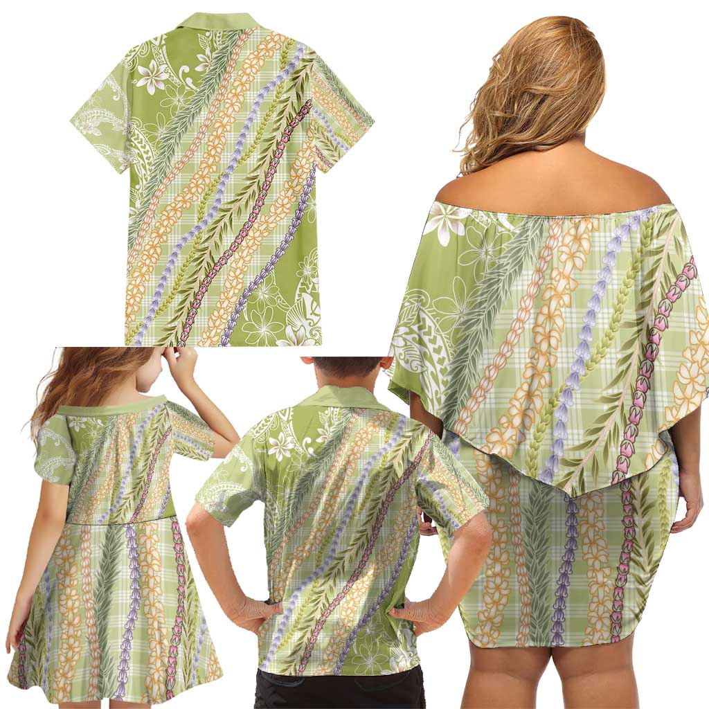 Green Palaka Hawaii Leis Family Matching Off Shoulder Short Dress and Hawaiian Shirt Hawaiian-plaid Elegant Tropical Vibes - Polynesian Pride