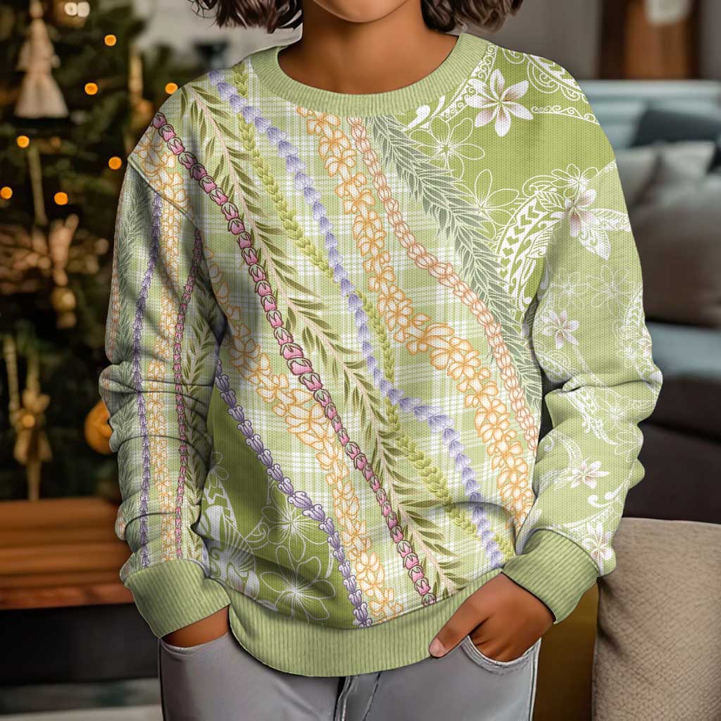 Green Palaka Hawaii Leis Kid Ugly Christmas Sweater Hawaiian-plaid Elegant Tropical Vibes LT14 - Polynesian Pride