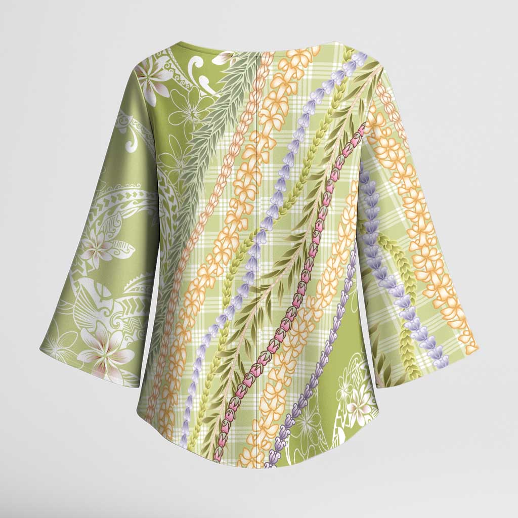 Green Palaka Hawaii Leis Kimono Sleeve Blouse - Hawaiian Plaid Elegant Tropical Vibes LT14 - Polynesian Pride
