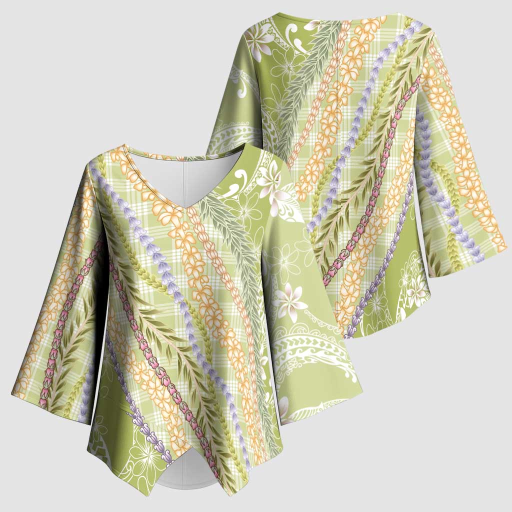Green Palaka Hawaii Leis Kimono Sleeve Blouse - Hawaiian Plaid Elegant Tropical Vibes LT14 - Polynesian Pride