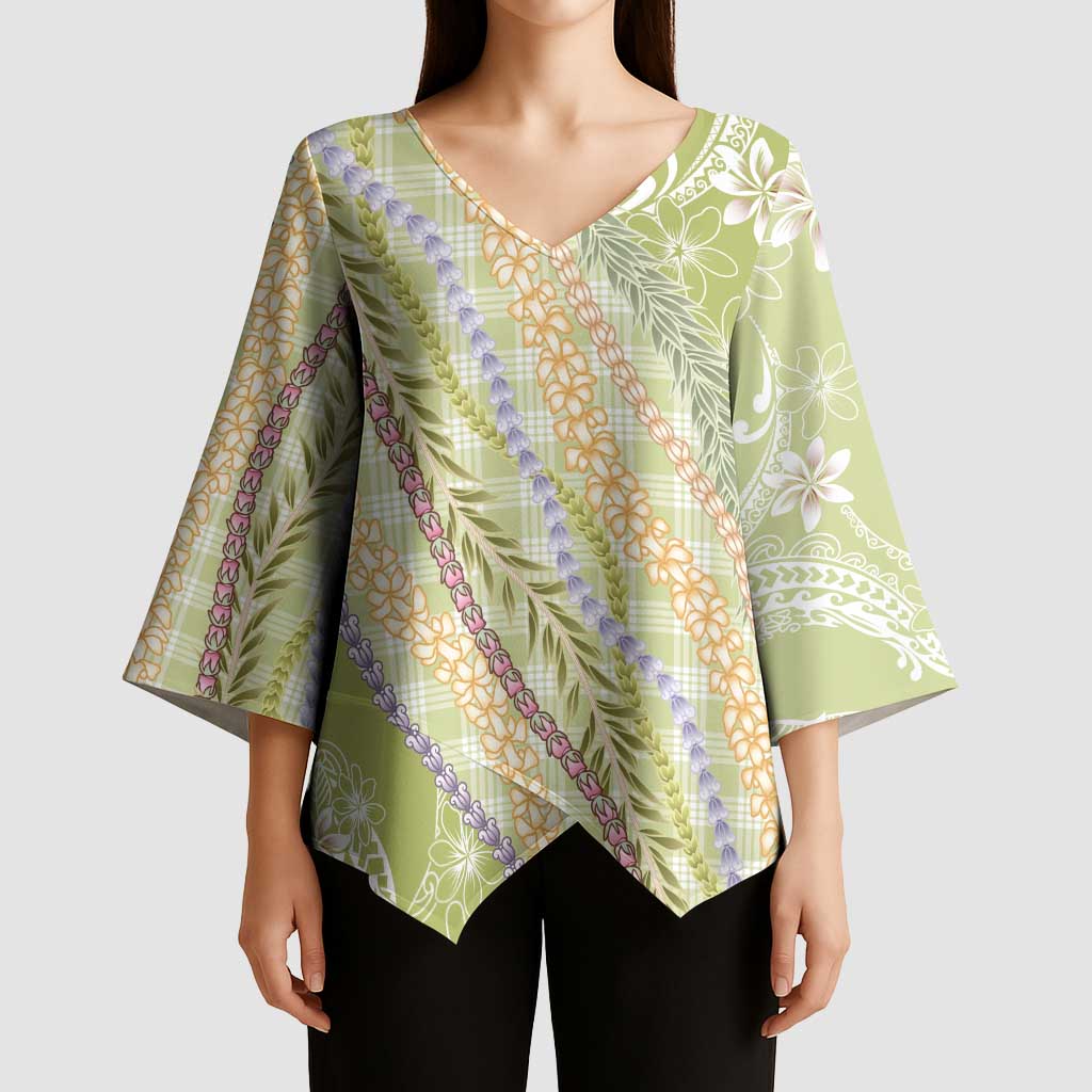 Green Palaka Hawaii Leis Kimono Sleeve Blouse - Hawaiian Plaid Elegant Tropical Vibes LT14 - Polynesian Pride