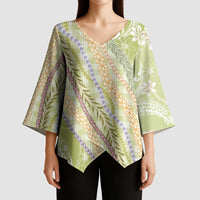 Green Palaka Hawaii Leis Kimono Sleeve Blouse - Hawaiian Plaid Elegant Tropical Vibes LT14 - Polynesian Pride