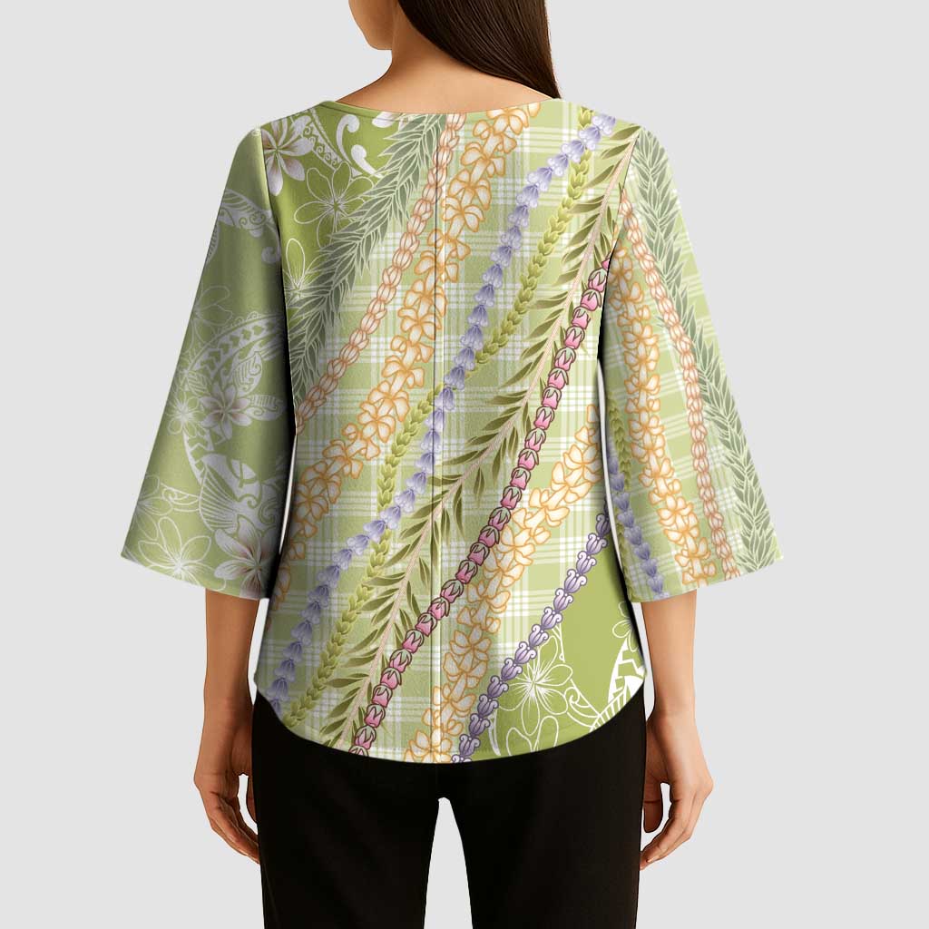 Green Palaka Hawaii Leis Kimono Sleeve Blouse - Hawaiian Plaid Elegant Tropical Vibes LT14 - Polynesian Pride