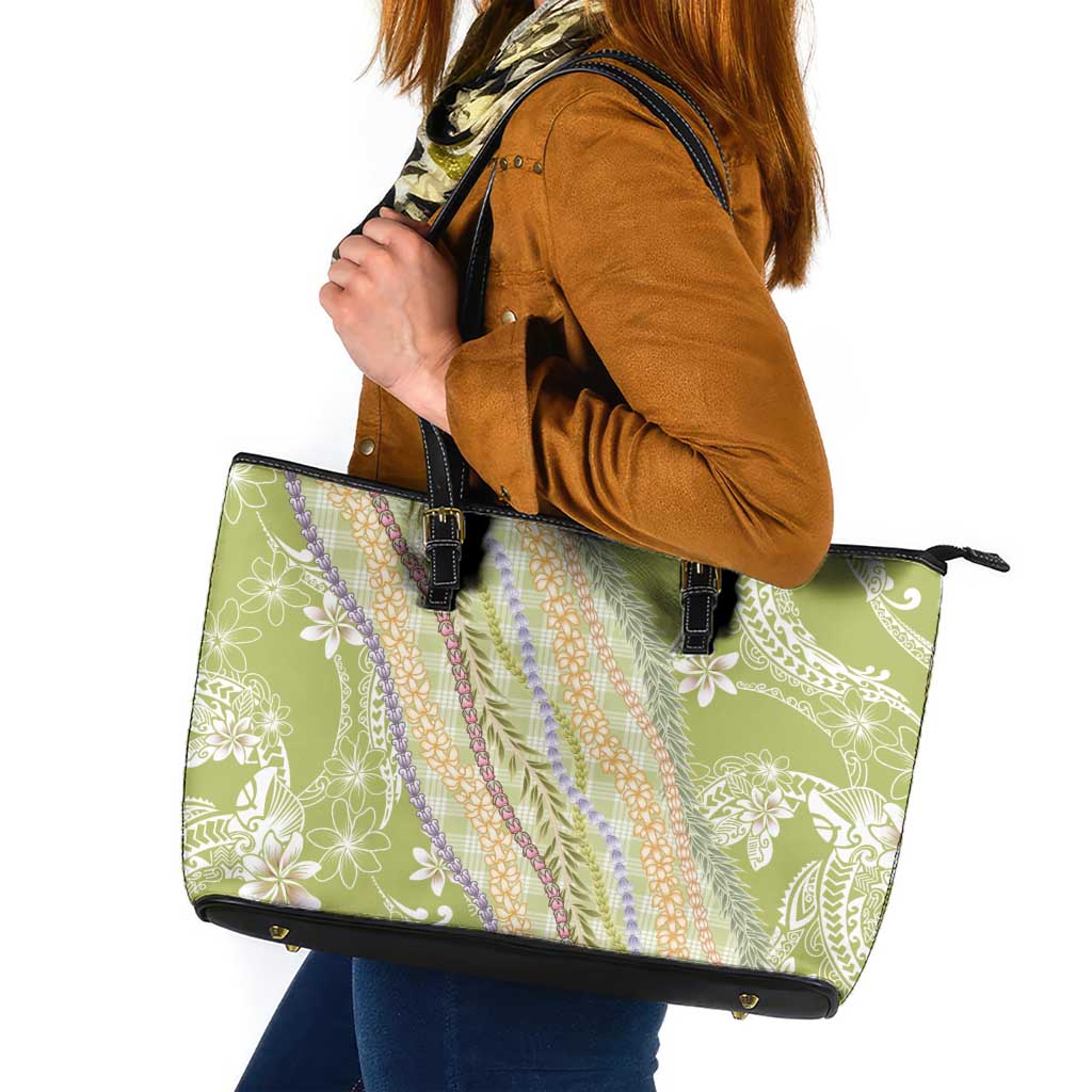 Green Palaka Hawaii Leis Leather Tote Bag Hawaiian-plaid Elegant Tropical Vibes LT14 Green - Polynesian Pride