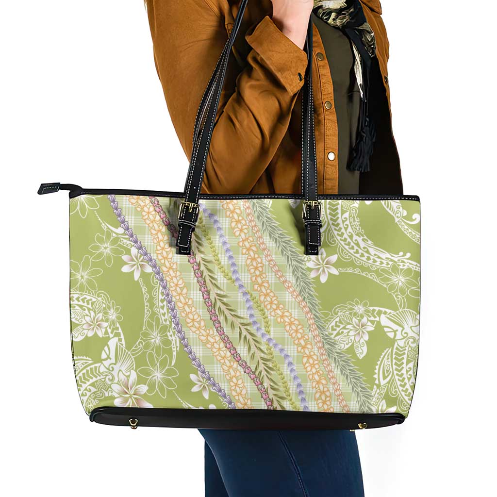 Green Palaka Hawaii Leis Leather Tote Bag Hawaiian-plaid Elegant Tropical Vibes LT14 - Polynesian Pride