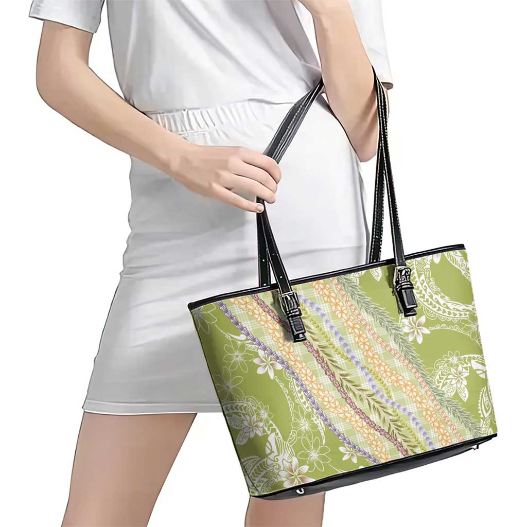 Green Palaka Hawaii Leis Leather Tote Bag Hawaiian-plaid Elegant Tropical Vibes LT14 - Polynesian Pride
