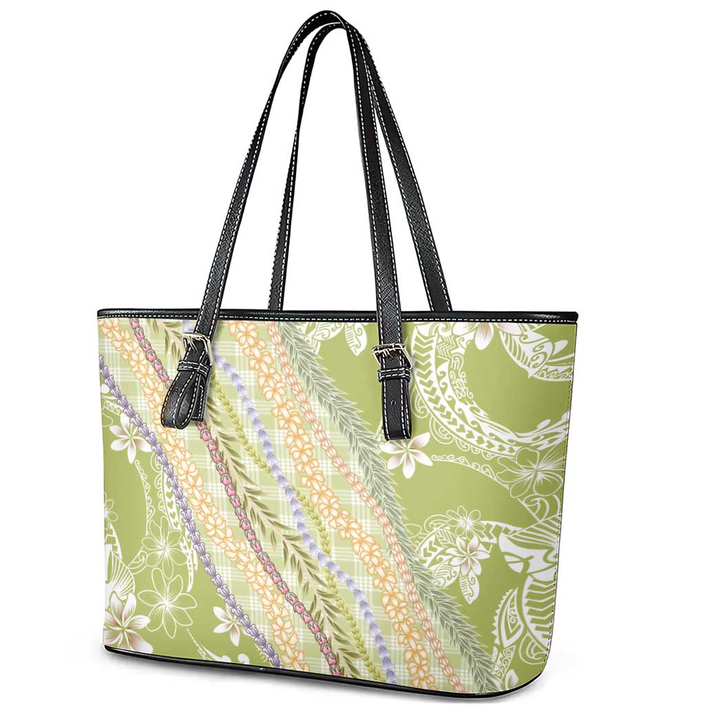 Green Palaka Hawaii Leis Leather Tote Bag Hawaiian-plaid Elegant Tropical Vibes LT14 - Polynesian Pride