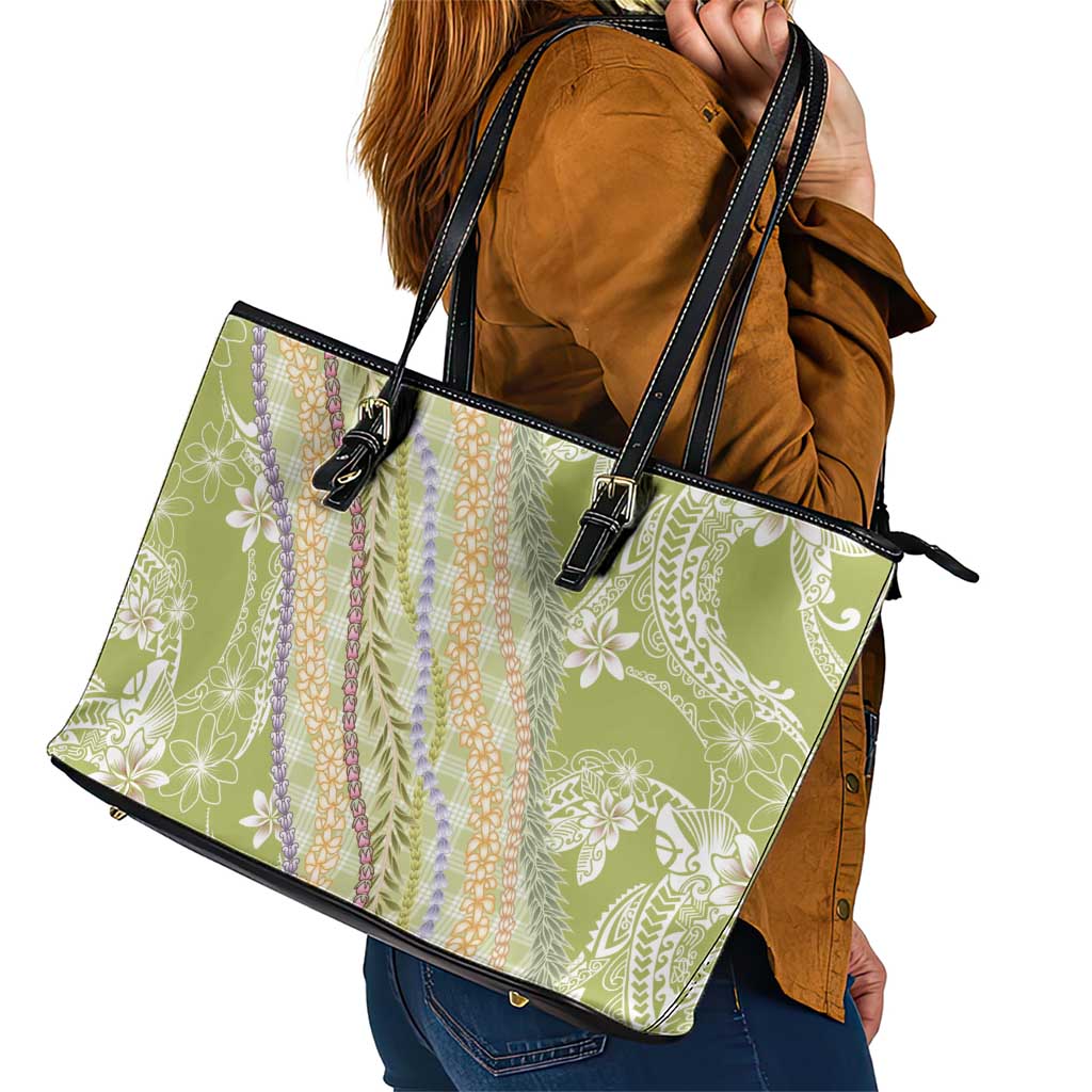 Green Palaka Hawaii Leis Leather Tote Bag Hawaiian-plaid Elegant Tropical Vibes LT14 - Polynesian Pride