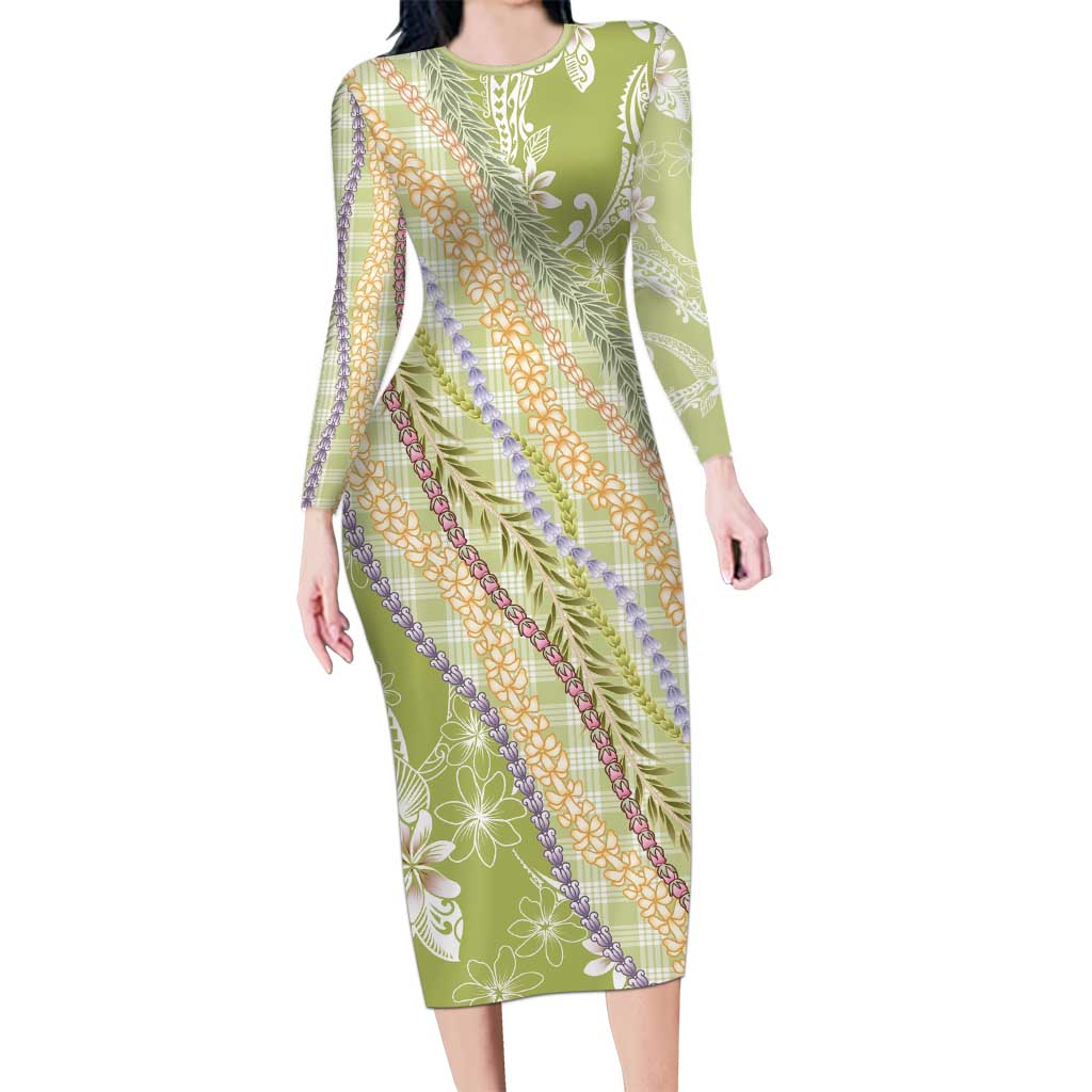 Green Palaka Hawaii Leis Long Sleeve Bodycon Dress Hawaiian-plaid Elegant Tropical Vibes - Polynesian Pride