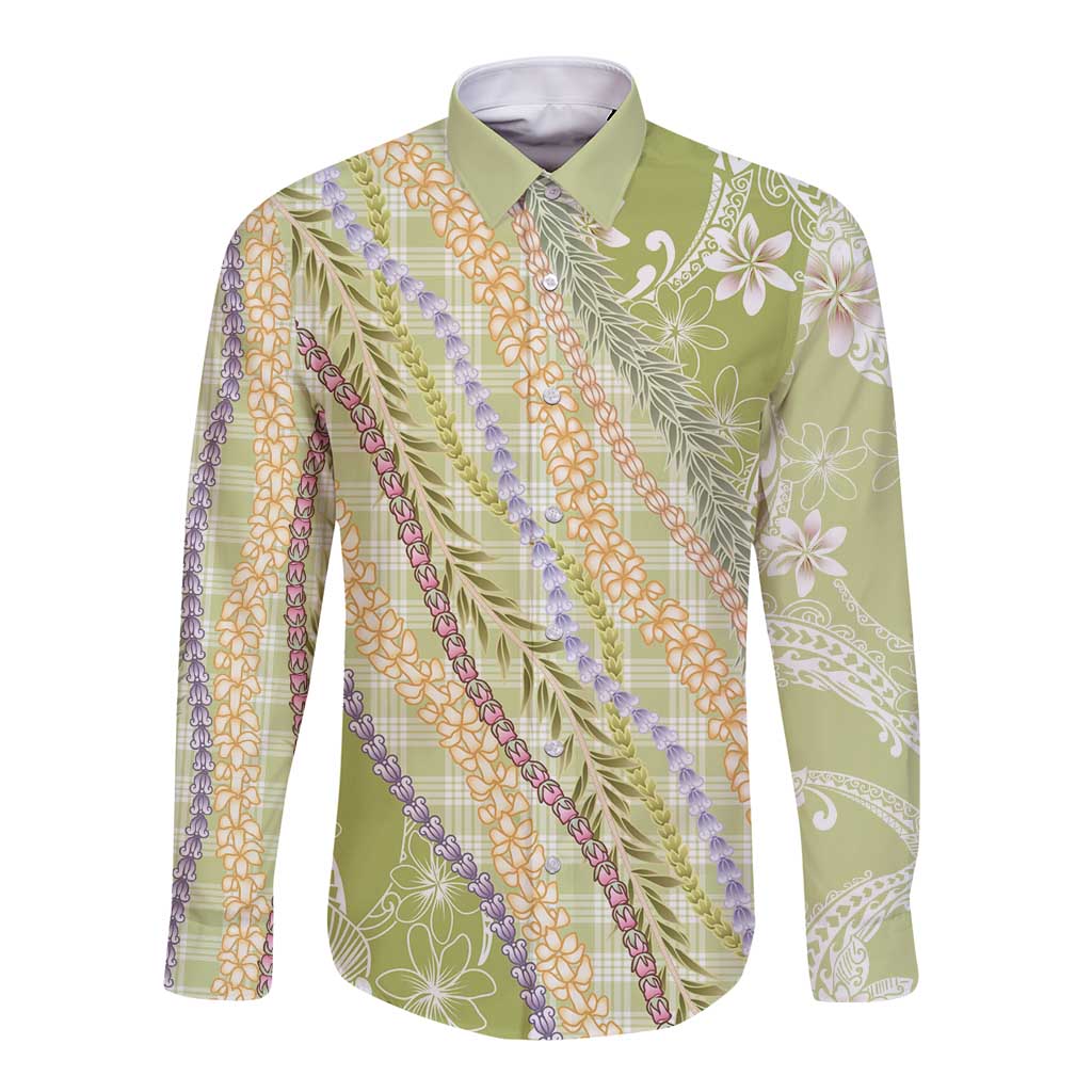 Green Palaka Hawaii Leis Long Sleeve Button Shirt Hawaiian-plaid Elegant Tropical Vibes LT14 Unisex Green - Polynesian Pride