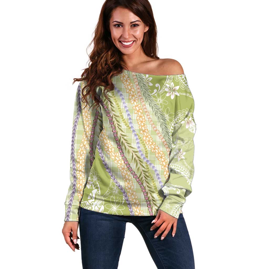 Green Palaka Hawaii Leis Off Shoulder Sweater Hawaiian-plaid Elegant Tropical Vibes - Polynesian Pride