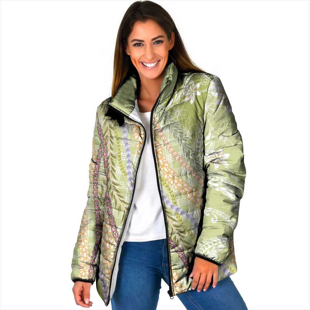 Green Palaka Hawaii Leis Padded Jacket Hawaiian-plaid Elegant Tropical Vibes LT14 Women Green - Polynesian Pride