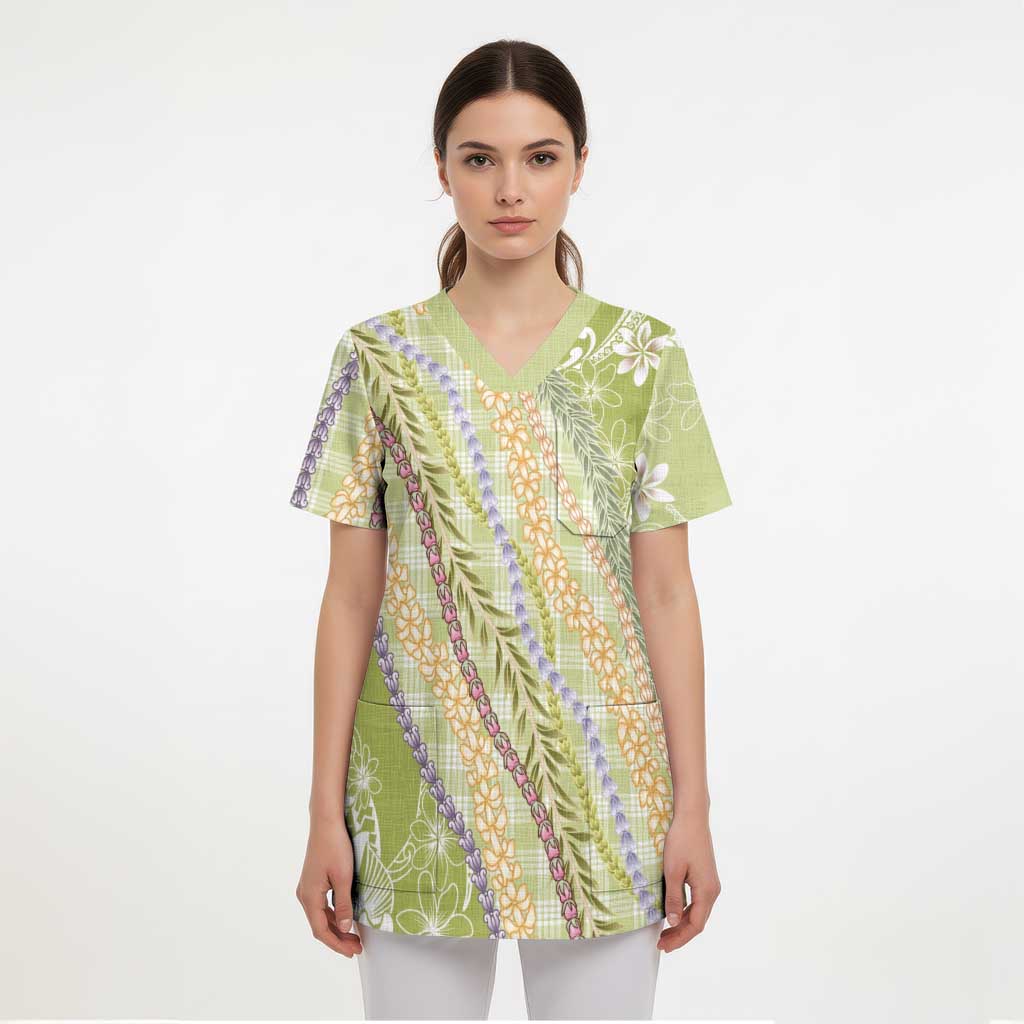 Green Palaka Hawaii Leis Scrub Top Hawaiian-plaid Elegant Tropical Vibes LT14 - Polynesian Pride