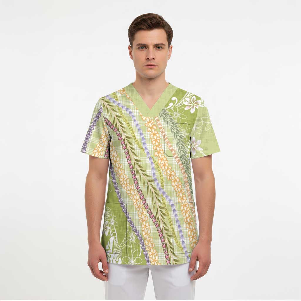 Green Palaka Hawaii Leis Scrub Top Hawaiian-plaid Elegant Tropical Vibes LT14 - Polynesian Pride