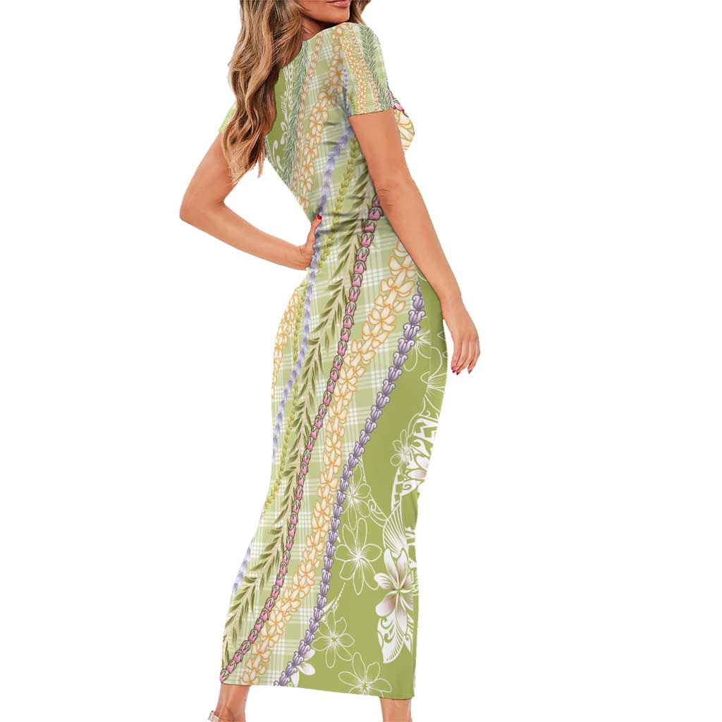 Green Palaka Hawaii Leis Short Sleeve Bodycon Dress Hawaiian-plaid Elegant Tropical Vibes - Polynesian Pride