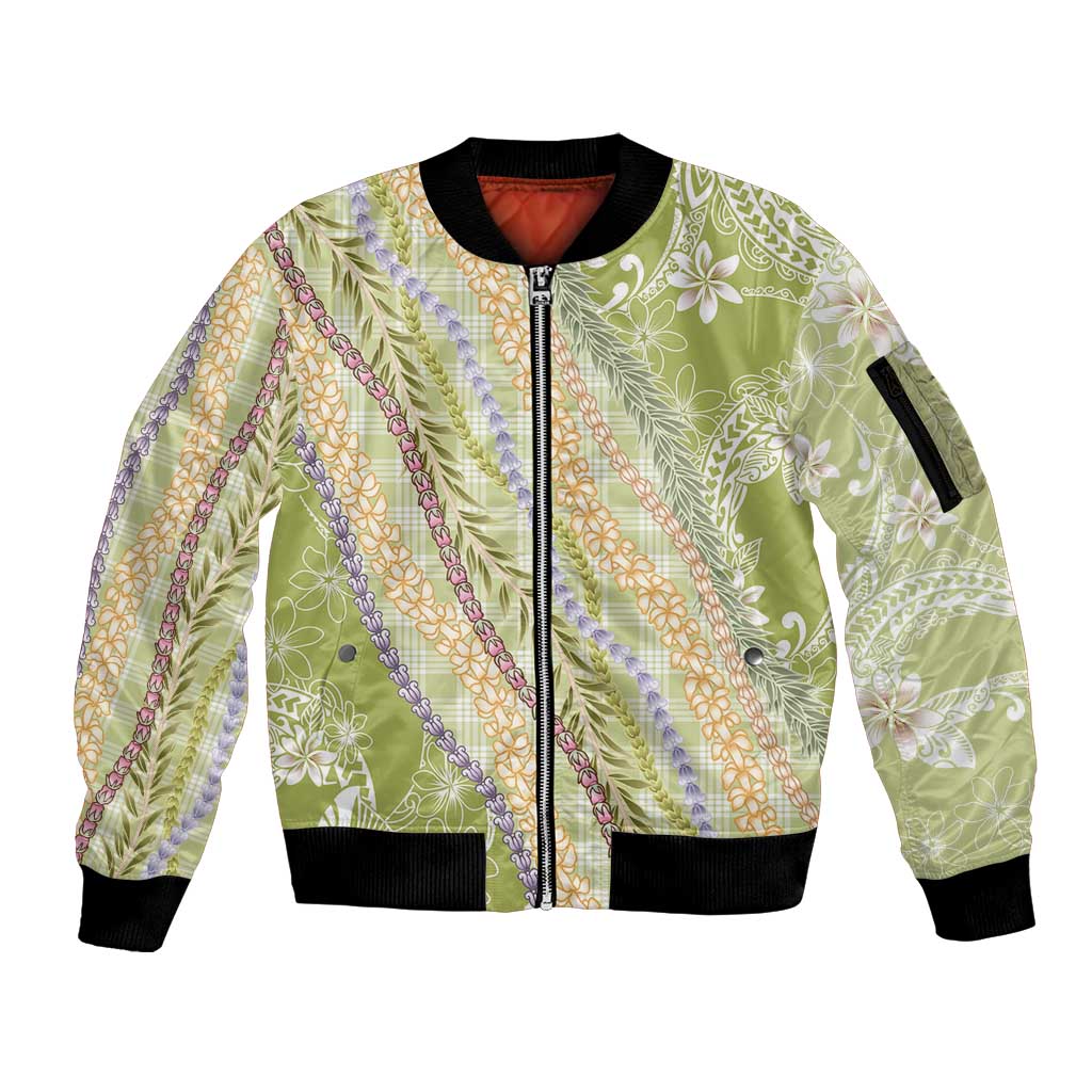 Green Palaka Hawaii Leis Sleeve Zip Bomber Jacket Hawaiian-plaid Elegant Tropical Vibes LT14 Unisex Green - Polynesian Pride