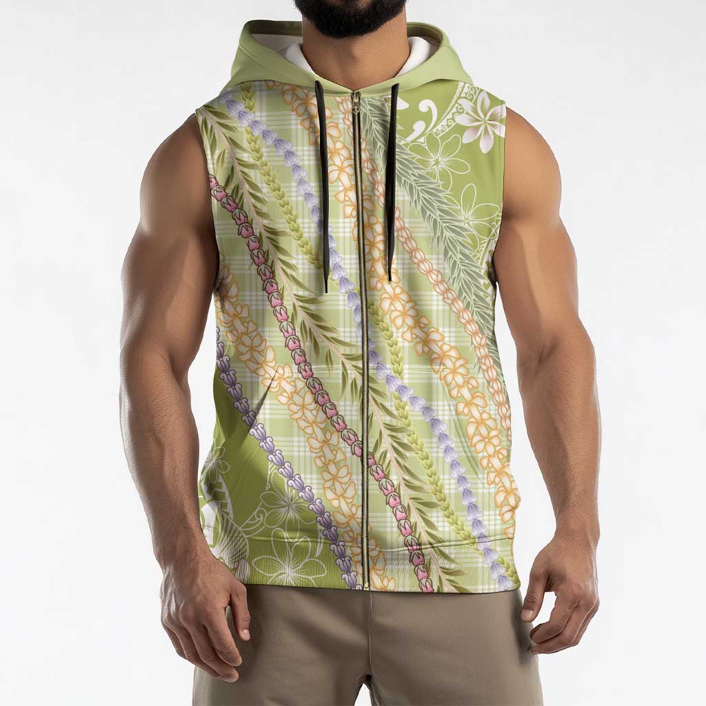 Green Palaka Hawaii Leis Sleeveless Zip Hoodie Hawaiian-plaid Elegant Tropical Vibes - Polynesian Pride