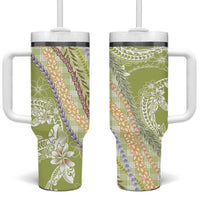 Green Palaka Hawaii Leis Tumbler With Handle Hawaiian-plaid Elegant Tropical Vibes - Polynesian Pride