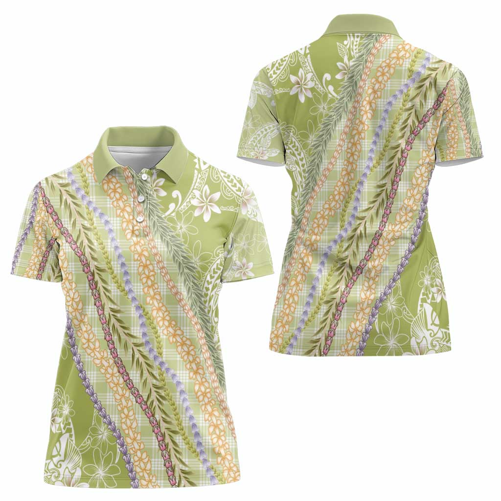 Green Palaka Hawaii Leis Women Polo Shirt Hawaiian-plaid Elegant Tropical Vibes - Polynesian Pride