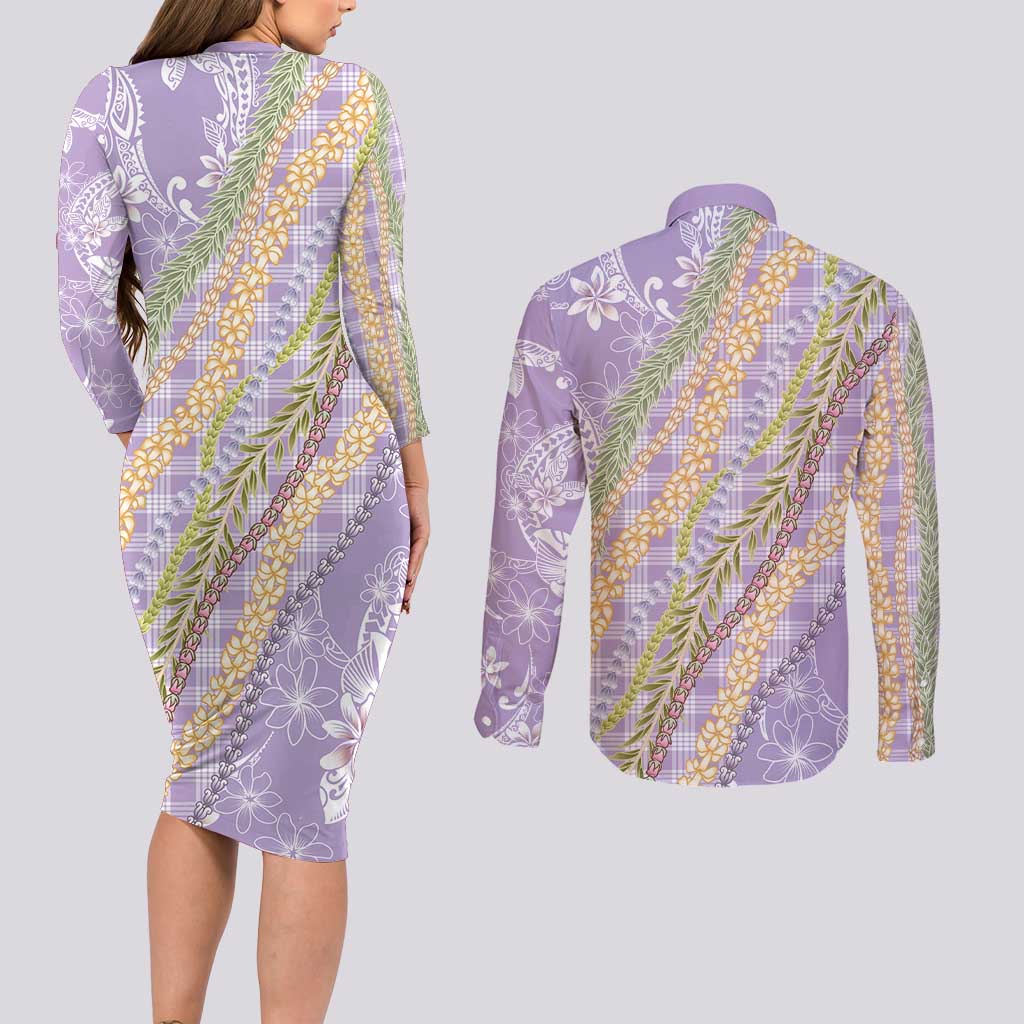 Purple Palaka Hawaii Leis Couples Matching Long Sleeve Bodycon Dress and Long Sleeve Button Shirt Hawaiian-plaid Elegant Tropical Vibes - Polynesian Pride