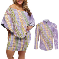 Purple Palaka Hawaii Leis Couples Matching Off Shoulder Short Dress and Long Sleeve Button Shirt Hawaiian-plaid Elegant Tropical Vibes - Polynesian Pride