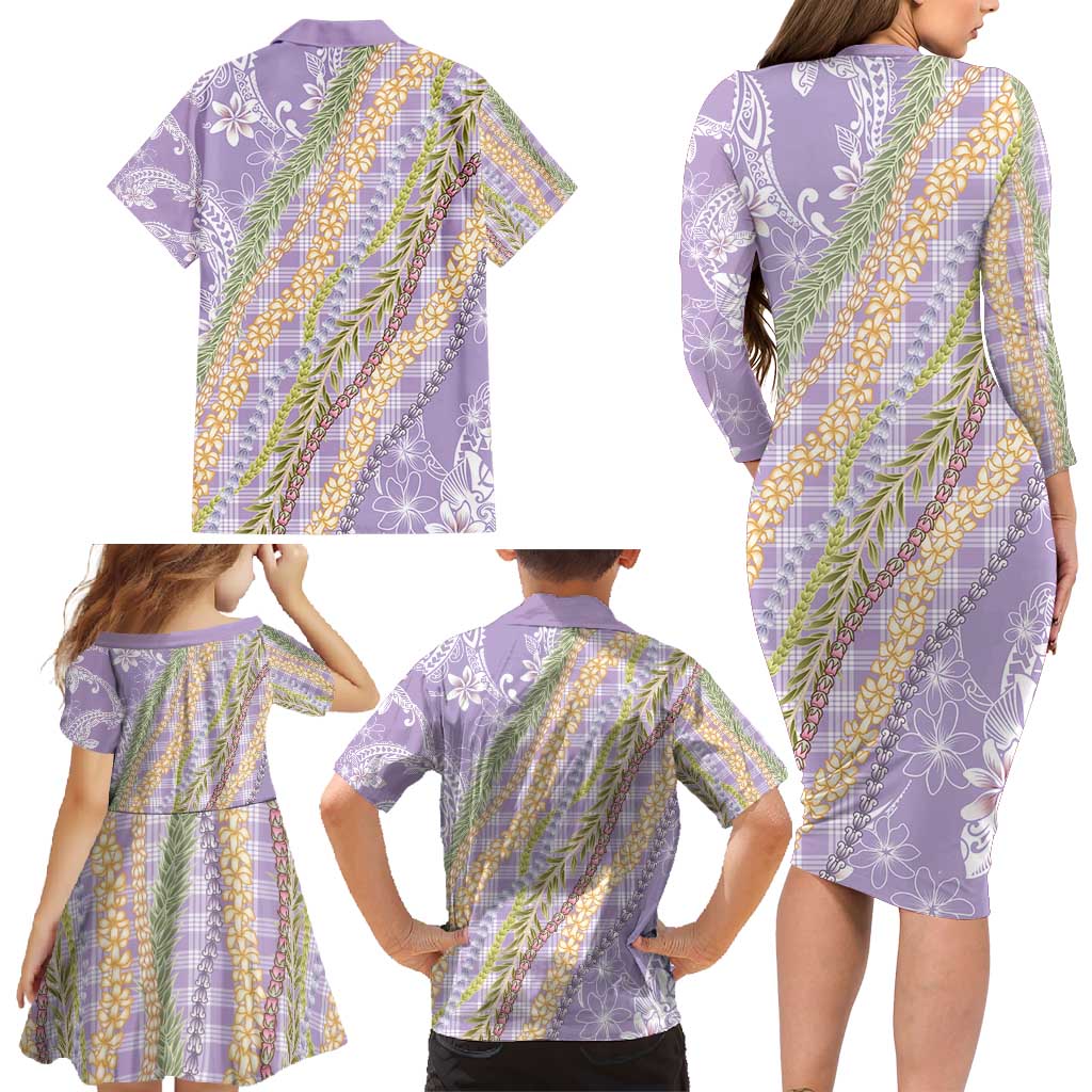 Purple Palaka Hawaii Leis Family Matching Long Sleeve Bodycon Dress and Hawaiian Shirt Hawaiian-plaid Elegant Tropical Vibes - Polynesian Pride