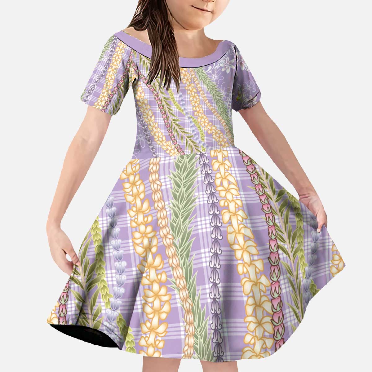 Purple Palaka Hawaii Leis Family Matching Off The Shoulder Long Sleeve Dress and Hawaiian Shirt Hawaiian-plaid Elegant Tropical Vibes - Polynesian Pride