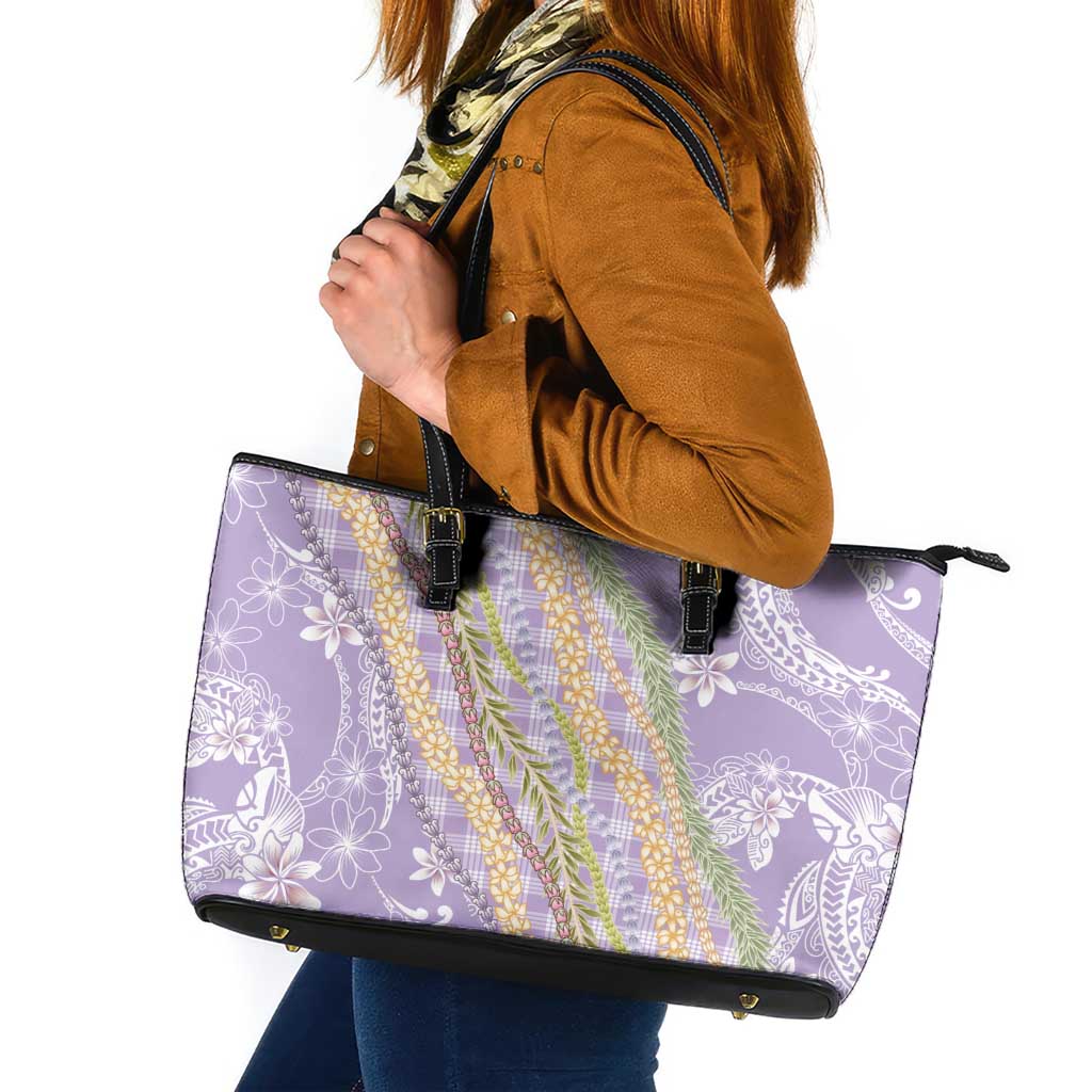 Purple Palaka Hawaii Leis Leather Tote Bag Hawaiian-plaid Elegant Tropical Vibes LT14 Purple - Polynesian Pride