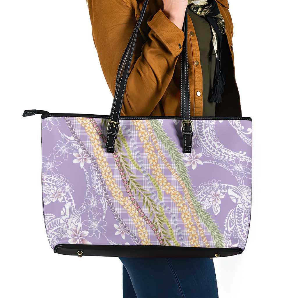 Purple Palaka Hawaii Leis Leather Tote Bag Hawaiian-plaid Elegant Tropical Vibes LT14 - Polynesian Pride