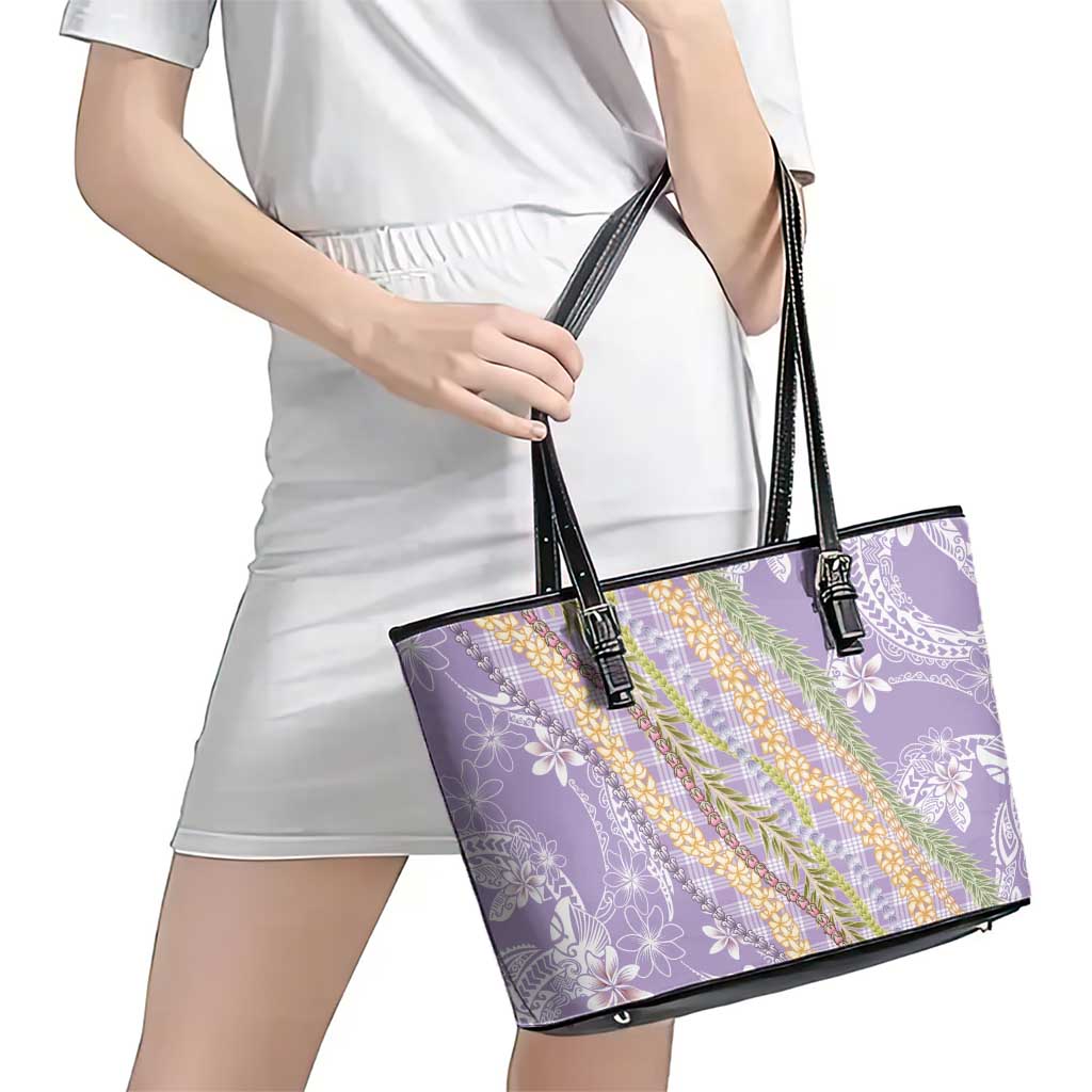 Purple Palaka Hawaii Leis Leather Tote Bag Hawaiian-plaid Elegant Tropical Vibes LT14 - Polynesian Pride