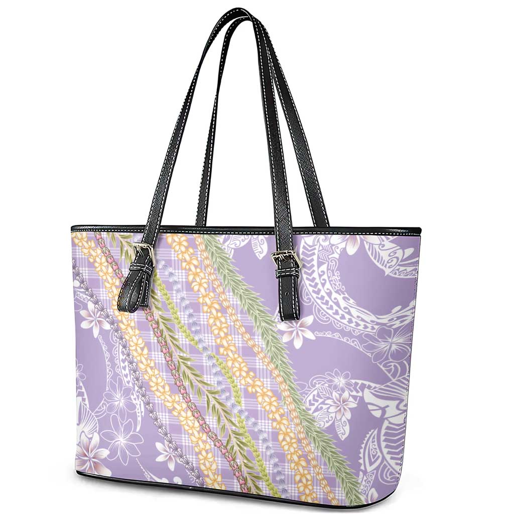 Purple Palaka Hawaii Leis Leather Tote Bag Hawaiian-plaid Elegant Tropical Vibes LT14 - Polynesian Pride