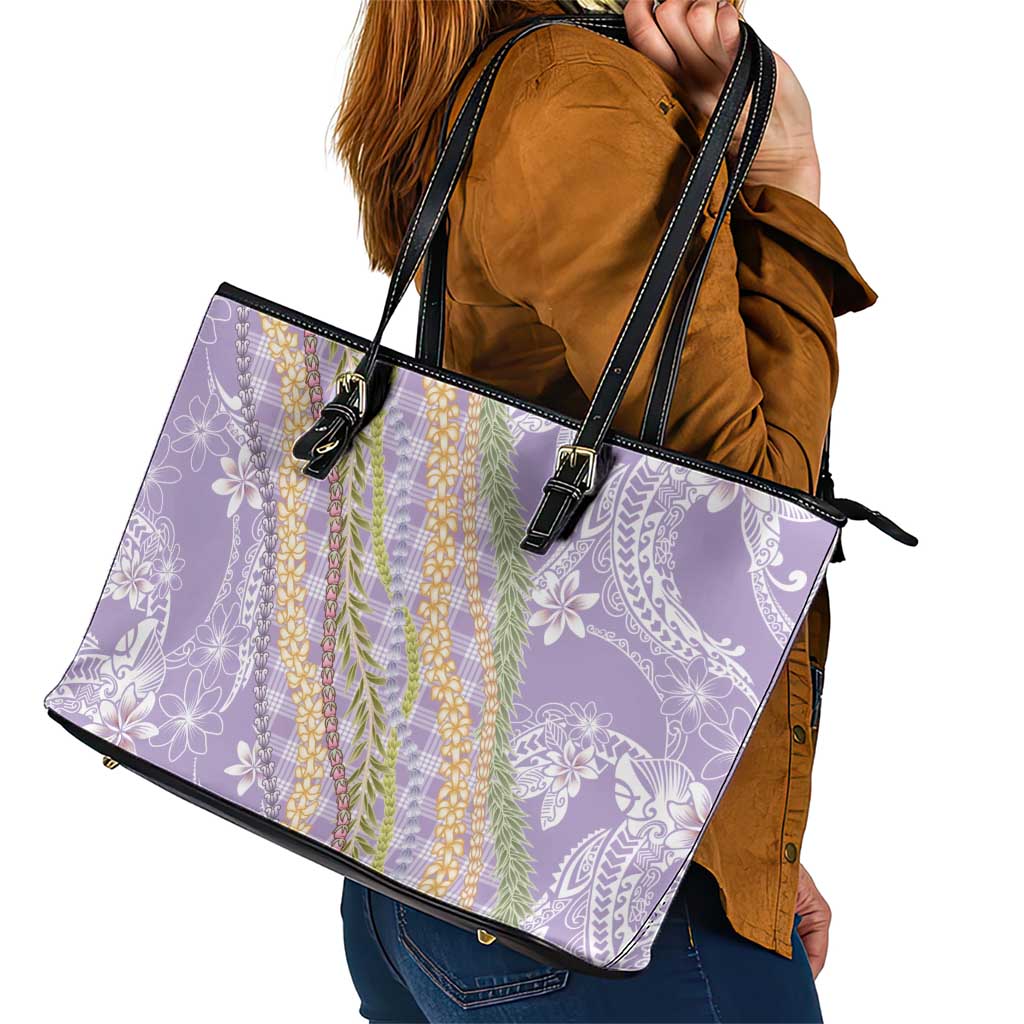 Purple Palaka Hawaii Leis Leather Tote Bag Hawaiian-plaid Elegant Tropical Vibes LT14 - Polynesian Pride