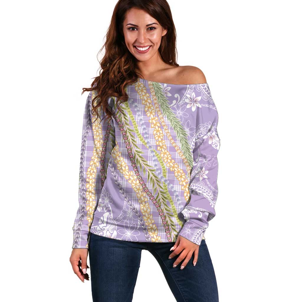 Purple Palaka Hawaii Leis Off Shoulder Sweater Hawaiian-plaid Elegant Tropical Vibes - Polynesian Pride