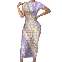 Purple Palaka Hawaii Leis Short Sleeve Bodycon Dress Hawaiian-plaid Elegant Tropical Vibes - Polynesian Pride