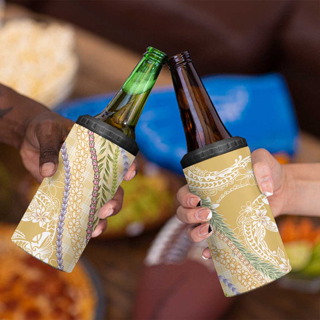 Yellow Palaka Hawaii Leis 4 in 1 Can Cooler Tumbler Hawaiian-plaid Elegant Tropical Vibes - Polynesian Pride