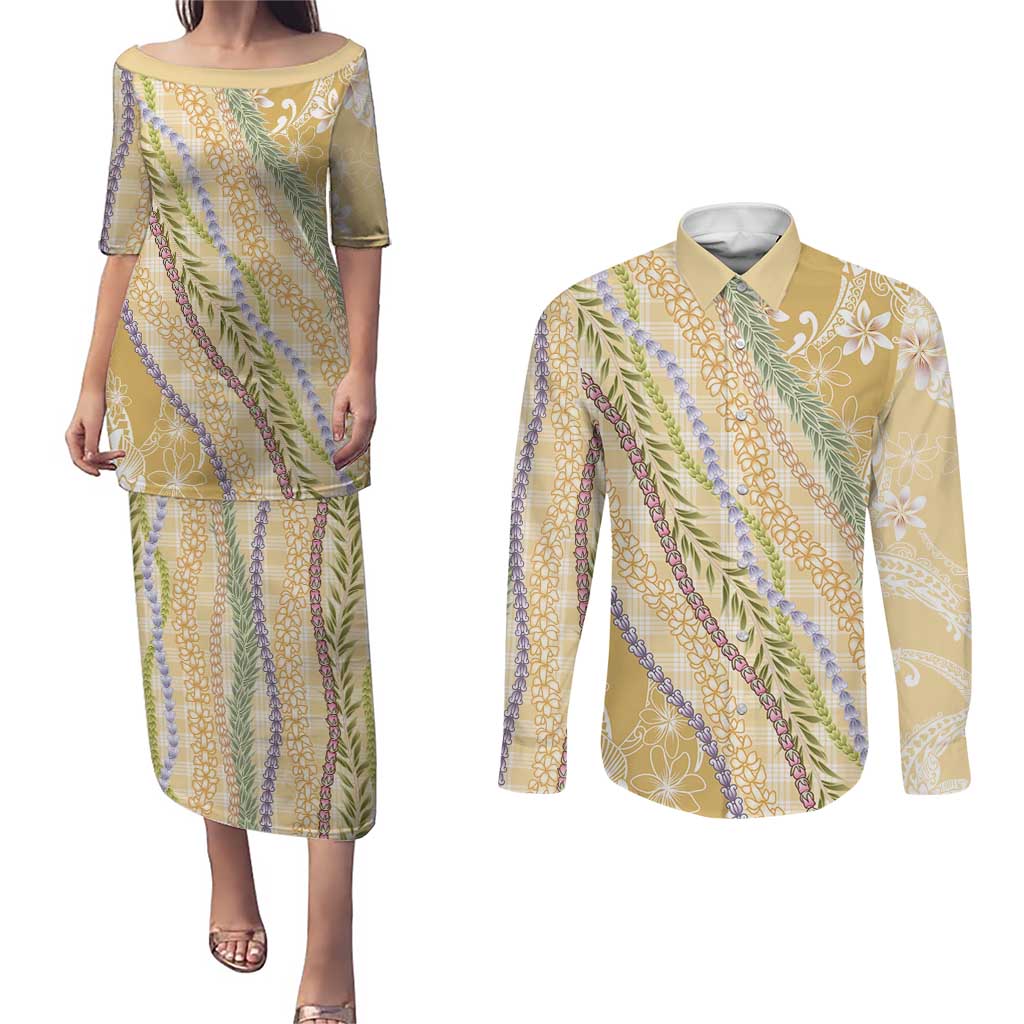 Yellow Palaka Hawaii Leis Couples Matching Puletasi and Long Sleeve Button Shirt Hawaiian-plaid Elegant Tropical Vibes LT14 Yellow - Polynesian Pride