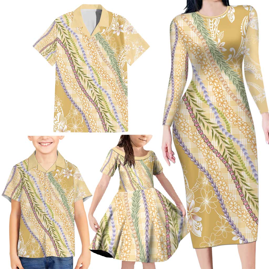 Yellow Palaka Hawaii Leis Family Matching Long Sleeve Bodycon Dress and Hawaiian Shirt Hawaiian-plaid Elegant Tropical Vibes - Polynesian Pride