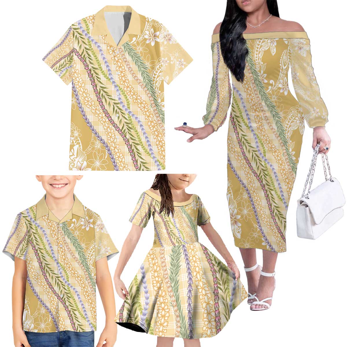 Yellow Palaka Hawaii Leis Family Matching Off The Shoulder Long Sleeve Dress and Hawaiian Shirt Hawaiian-plaid Elegant Tropical Vibes - Polynesian Pride